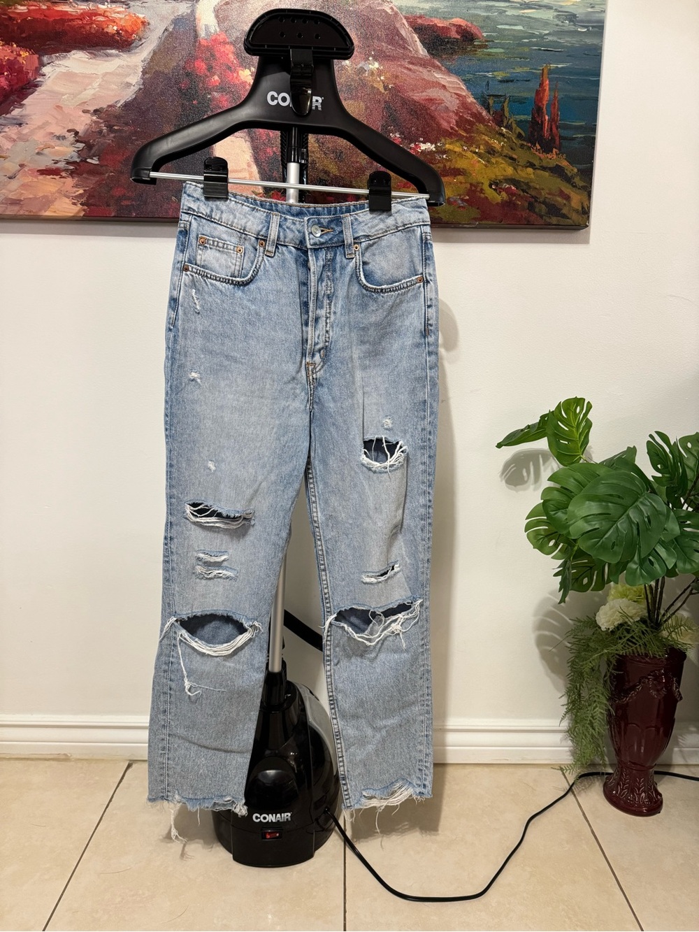H&M Light Blue Distressed Straight Leg Jeans